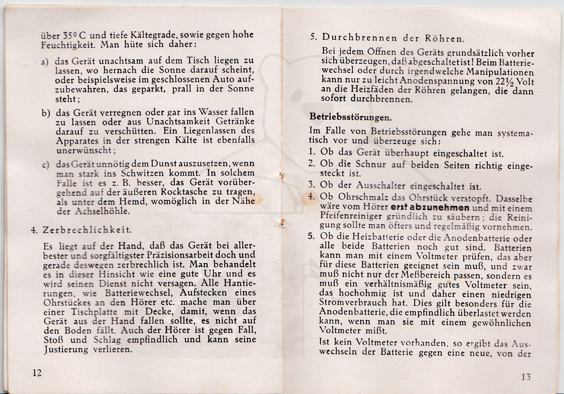 Hörgerät "Fortiphone Type 20", ca. 1949, Anleitung Seite 12 - 13